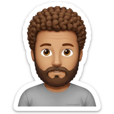 Curly-haired nightingale, with brown hair, a thick beard and a suvata to match the color of the hair on his head, large build, but not fat in a gray T-shirt, chest shot, IOS memoji style sticker