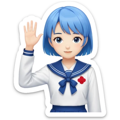Anime girl with short bright blue hair wearing Japanese sailor style school uniform, composed posture with hand on hip but shyly waving with other hand, blushing face and timid smile sticker