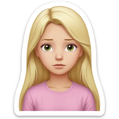 blonde with long hair and swamp-colored eyes, wearing a pastel pink shirt, thoughtful expression, looking up, iOS Apple emoji style sticker