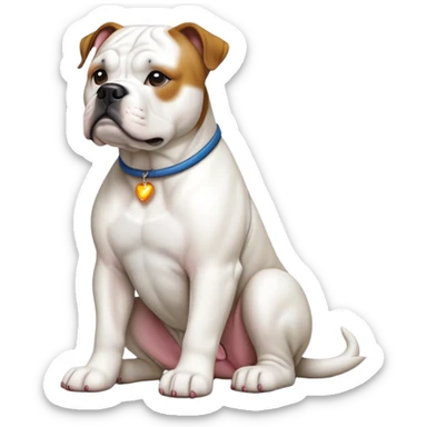 cinematic-[american bulldog]-realistic-full-body-sitting-emoji,-tail-resting-loosely-beside-its-paws,-head-tilted-dramatically,-sleek-[solid white]-fur,-simplified-yet-realistic-focused-features,-highly-detailed,-glowing-with-an-almost-sarcastic-glow sticker