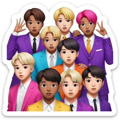 Cinematic Realistic group portrait of BTS featuring all 7 members in stylish modern attire, with detailed facial expressions and vibrant colors, captured in dynamic, contemporary lighting that emphasizes their global pop icon status sticker