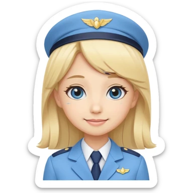 Cute emoji-style Japanese flight attendant, blonde long hair , pastel blue airline uniform, kawaii cartoon style, big eyes, simple clean lineart, pastel colors, chibi proportions, friendly smile, sticker/emoji, transparent background sticker