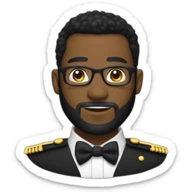 black soldier with beard, part in black hair, white collared shirt, bow tie, gold frame glasses, bulletproof vest  sticker