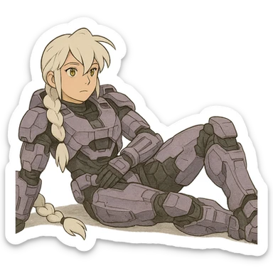 female, wearing reach spartan armor shoulder-unequip, long white braid hair with massive messy front side single bangs, gold yellow eyes, attention pose, HALO:series, no helmet, the armor is lavender color scheme, laying back and relaxing flat on the ground sticker
