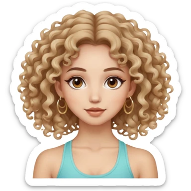 cute balayage curly/wavy haired girl, hoop earrings, clean girl makeup DOING a YOGA pose sticker