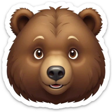 Cinematic Cute Grizzly Bear Portrait Emoji, Head tilted playfully and inquisitively, featuring a dense, rugged deep brown fur with a gentle, curious expression in round, sparkling eyes, Simplified yet irresistibly adorable features, highly detailed, glowing with a warm, friendly glow, high shine, affectionate and surprisingly gentle, stylized with a touch of wild whimsy, bright and endearing, soft glowing outline, capturing the essence of a mischievous yet loving bear, so playful it feels like it could amble out of the screen and into your arms! sticker