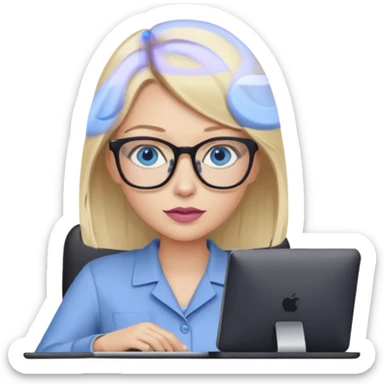 donna, occhi azzurri con occhiali, capelli medi, lisci e biondi, lavora usando il pc. Labbra color malva chiaro sticker