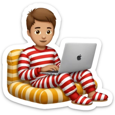 man in striped pajamas and fuzzy slippers typing on a laptop, emoji style sticker