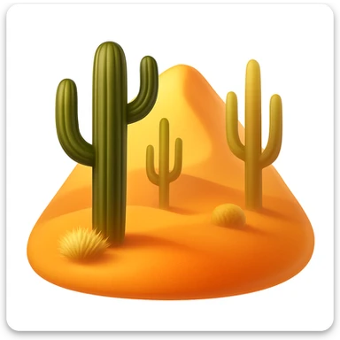 Create a desert emoji in the style of iOS emojis. The shape should be a sand mountain instead of a square, keeping the same cacti, sand, and colors. The sand mountain should be smooth and shiny with a slight blush added to the sand. sticker