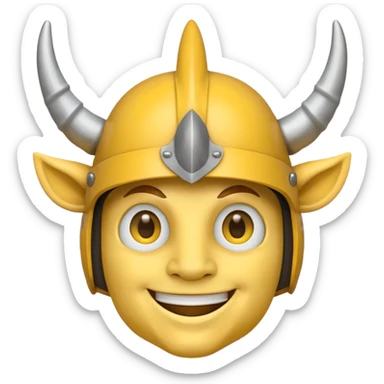 Viking emoji in Messenger style, yellow face, simple eyes, smiling, horned helmet sticker