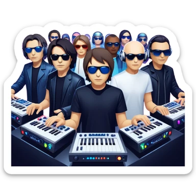 Icon for Electronic Music: Jean-Michel Jarre, Moby, DJ Tiesto, and Jorn van Deynhoven performing with synthesizers, turntables, and futuristic lighting effects. The design should evoke the vibrant and immersive atmosphere of electronic music festivals. Transparent background. sticker