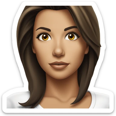 3/4 face, contrasted, shadow, light, Eva Longoria expression, standing, thin nose, brunette woman, hazel eyes, long eyelashes, dark shoulder shaded hair, white t-shirt, jeans, white sneakers sticker