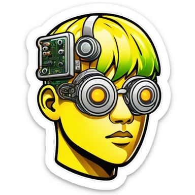 Neon yellow short hair Asian male cyborg head with silver steampunk goggles and circuits sticker