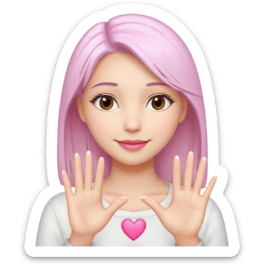 Beautiful girl. Platinum-colored hair just below the shoulders, straight, brown eyes, sweet smile. Hands in the shape of a heart. sticker