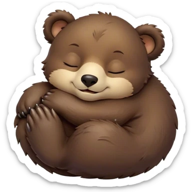 Meme-Worthy Cute Sleeping bear cub Portrait Emoji, Head resting peacefully with a contented smile, showcasing a massive, robust build and a luxuriously soft dark brown fur, eyes shut in a serene, restful nap, Simplified yet hilariously adorable features, highly detailed, glowing with a soft, drowsy light, high shine, relaxed and utterly lovable, stylized with an air of playful laziness, bright and heartwarming, soft glowing outline, capturing the essence of a comically sleepy bear cub, so meme-worthy it feels like it could instantly become the next viral sensation of adorable slumber! sticker