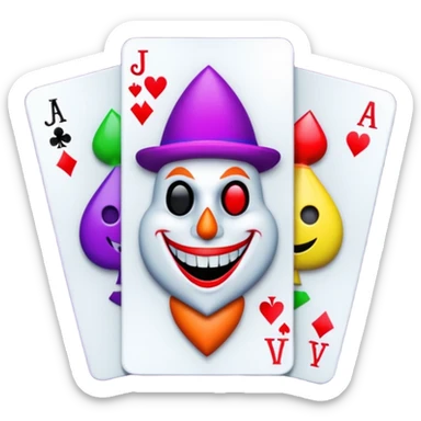 bunch of 3 poker cards, with crazy colorful jolly jokers inside, inversed face sticker