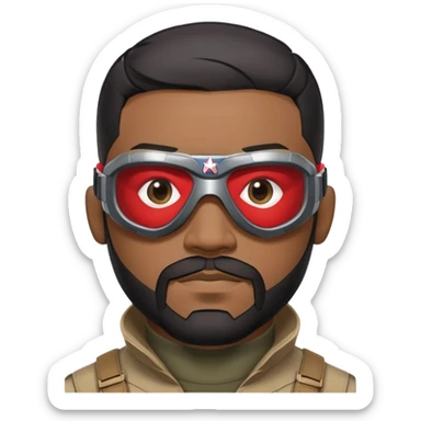 sam wilson with  short, neatly cropped black hair and a well-groomed beard that connects to his mustache,  wear sleek, red-tinted tactical goggles fit snugly from captain america: civil war sticker