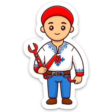 A Ukrainian man wearing traditional white embroidered vyshyvanka shirt holding red scissors in one hand and a spanner/wrench in the other hand sticker