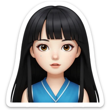 pale girl , who has silky straight extremely long black hair with bangs , chestnut monolid eyes , and doll like makeup , dressed like a kpop idol , has freckles sticker