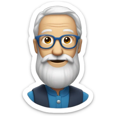 old man with red hair, blue glasses, long beard and moustache and a big smile sticker