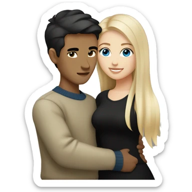 dark Blonde girl with blue eyes in black sweater and an east asian with light skin man with black hair and black eyes hugging sticker