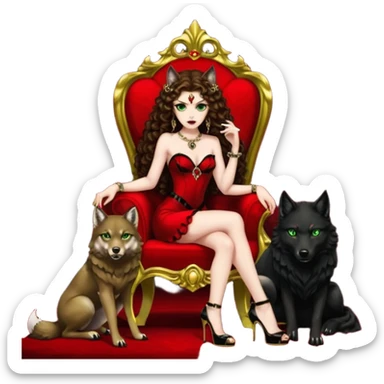 Lilith green eyes, symbol seductress evil brown curly long hair haired, sexy succubus woman with red and black Chanel dress on. A red and black stiletto platform high heel shoes on. sitting on a Black and gold throne. A large black fur wolf sitting beside her. Red rubies surround them both sticker
