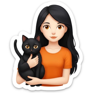 A black long haired girl holding a black cat and an orange long haired cat sticker