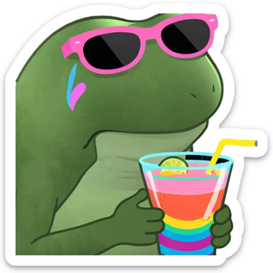 bufo frog with pink sunglasses holding a rainbow cocktail sticker