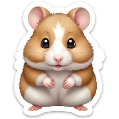 Cinematic Cute Brown and White Banded Hamster Portrait Emoji, Head tilted playfully and inquisitively, showcasing a fluffy coat with playful brown and white banded patterns, round, sparkling dark eyes filled with curiosity, Simplified yet irresistibly adorable features, highly detailed, glowing with a warm, friendly glow, high shine, affectionate and lively, stylized with a touch of whimsy, bright and endearing, soft glowing outline, capturing the essence of a mischievous yet loving hamster, so playful it feels like it could dash out of the screen and into your arms! sticker