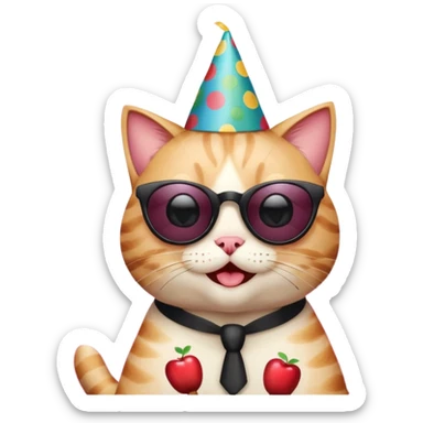 winking happy cat with a huge polka dot birthday hat, black sunglasses, and a wine glass, surrounded by confetti and streamers, apple emoji style sticker