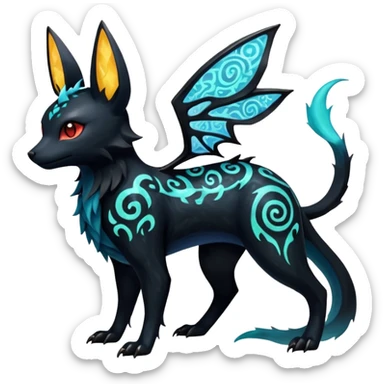 Shiny Fiery Dark Glowing Eldritch Horror Cool Edgy Badass Emo Glorious Demonic Batty Punky Aural Iridescent Fluorescent Bioluminescent Umbreon-Amaura-Salandit-Litten-Flareon-Fakémon-fusion (full body) with intricate pattern markings sticker
