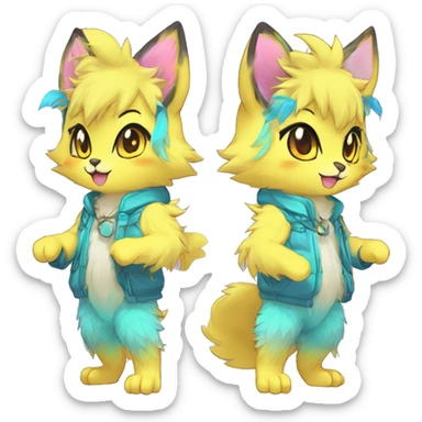 Anthro Scalie Fluffy Cool Cute Magical Shiny Colorful Neon Vibrant Colors Sparkle Kemono-style Chibi Fantasy-Animal-Fakémon-Pokémon-Hybrid Fur Sona Aesthetic Full Body sticker