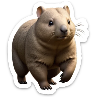 cinematic-wombat-realistic-full-body-waddling-emoji,-stout-muscular-frame-covered-in-coarse-brown-fur,-short-powerful-legs-trotting-determinedly-through-bushland,-round-dark-eyes-filled-with-calm-confidence,-tiny-rounded-ears-twitching-slightly,-strong-digging-claws-visible-on-sturdy-paws,-simplified-yet-realistic-focused-features,-highly-detailed,-glowing-with-a-subtle-earthy-glow sticker