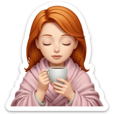 Ginger long hair lady inside a beige and light pink blanket sipping coffe with eyes closed  sticker