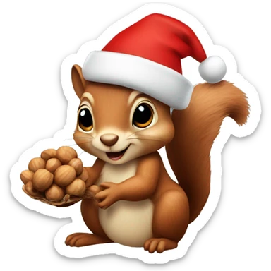 squirrel holding some walnuts and wearing a christmas hat sticker
