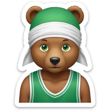 Cute brown bear with green eyes shown up to shoulders, wearing a white durag and black basketball jersey, visible upper chest and shoulders, iOS emoji style sticker