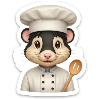 A rat with a fringe, long black hair and chefs hat sticker