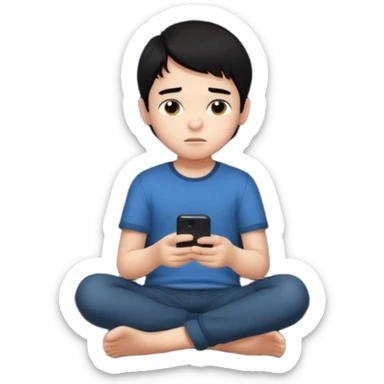 un niño de entre 3 - 10 años jugando con su celular, cansado y sentado en una habitacion apagada, el niño tiene piel blanca y cabello negro (hombre)

 sticker