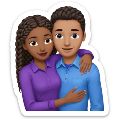 Boyfriend who is middle Eastern olive skinned with blue eyes and wavy straight brown hair in a blue shirt and his African girlfriend who is very black skinned, juicy lipped with black braided hair and the two are hugging and smiling hugely she’s wearing purple and she has black eyes sticker