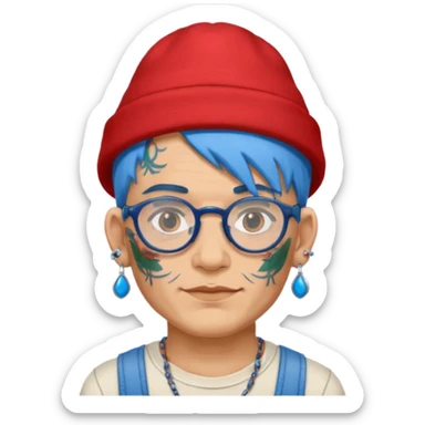 unique looking tourist with big unique red tourist hat and earrings, man with lots of tattoes and spectacles, blue hair showing sticker