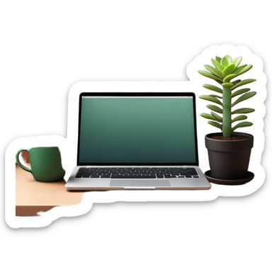 A tidy desk with a laptop, a steaming cup of coffee, and a small green potted plant, showing an organized and inspiring workspace sticker