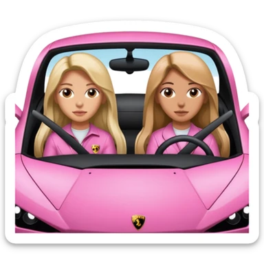 Make car far away so I can see full car Car facing forward in sports car. Make hair long  two girls in car far away Front of car sitting in the seats. Make it a pink sports car. They are two baddies make it a Lamborghini pink car  sticker