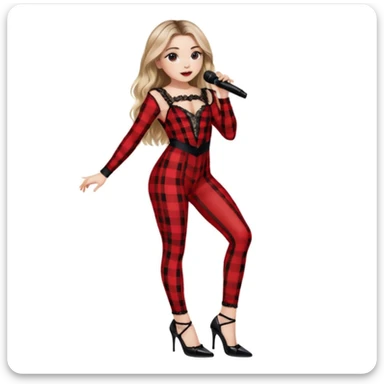 Sabrina carpenter singing at concert wearing a black and red plaid bodysuit a red sheer top covering the bodysuit, a strip of black lace around her leg, black sparkle heels. there is a  huge crowd and light pink stage setting  sticker