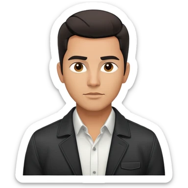Handsome athletic Hispanic man with tan complexion, short black straight hair combed back with faded sides, square masculine face with defined jawline, neutral-friendly TV presenter expression, black jacket and white button-up shirt sticker