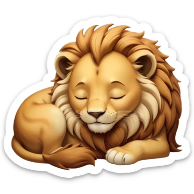 Meme-Worthy Cute Sleeping Lion Portrait Emoji, Head resting peacefully with a contented smile, showcasing a robust build and a luxuriously soft tawny Fur with a flowing mane, eyes shut in a serene, restful nap, Simplified yet hilariously adorable features, highly detailed, glowing with a soft, drowsy light, high shine, relaxed and utterly lovable, stylized with an air of playful laziness, bright and heartwarming, soft glowing outline, capturing the essence of a comically sleepy lion, so meme-worthy it feels like it could instantly become the next viral sensation of adorable slumber! sticker