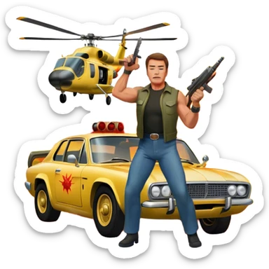 Icon for Action Movies: Arnold Schwarzenegger in the lead role, in an intense action pose with weapons, explosions, a car and helicopter flying out of flames in the background. The design should capture the explosive energy and heroism of classic action films. Transparent background. sticker