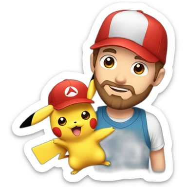 white man with brown hair and beard and a red cap, holding and a pikachu pokemon sticker