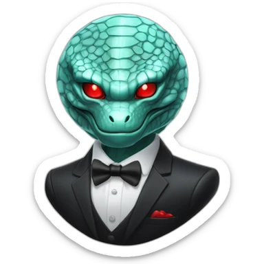 Aquamarine reptilian in classic black suite with red laser eyes on the middle of platinum coin sticker