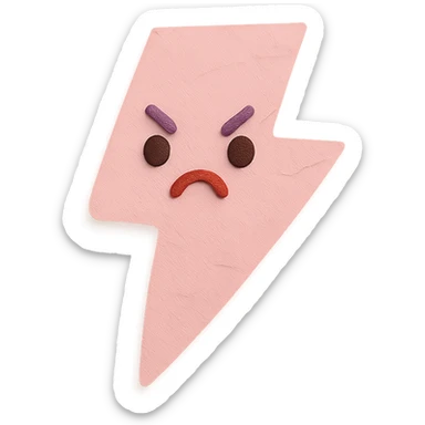 cute pink lightning bolt, angry pout, soft pastel palette, no arms or legs, full body, paper craft style sticker