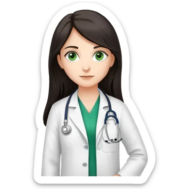Make a girl with long dark hair, green eyes and a white doctors coat with a scope around her neck that says PA above the breast plate ￼ sticker